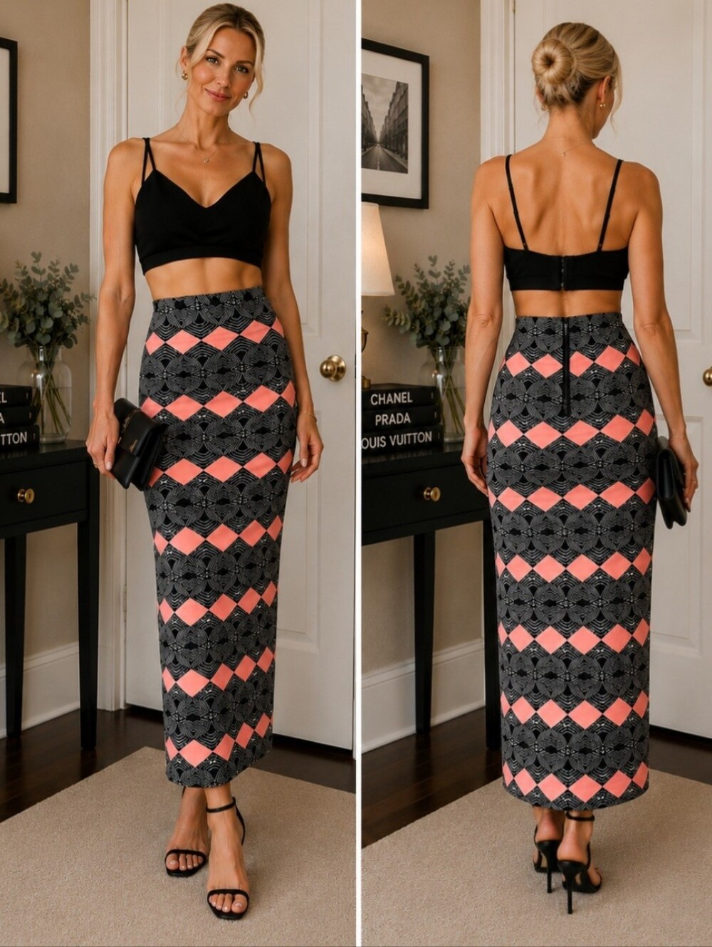 2B Bebe Black Crop Top with Black and Coral Patterned Maxi Skirt Dress